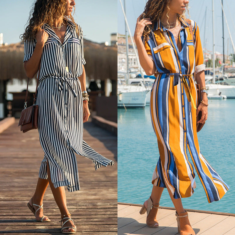 Stripe Chiffon V-neck Maxi Dress