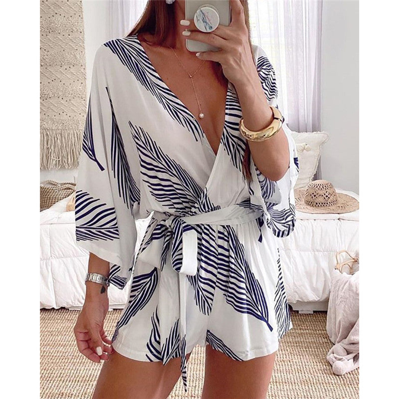 V-neck Casual Leaf Print Shorts Jumpsuit