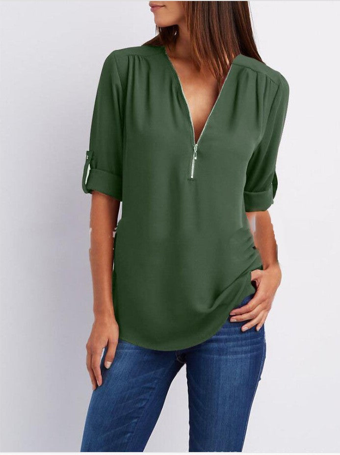 Zip V-neck Short Sleeve Loose Top