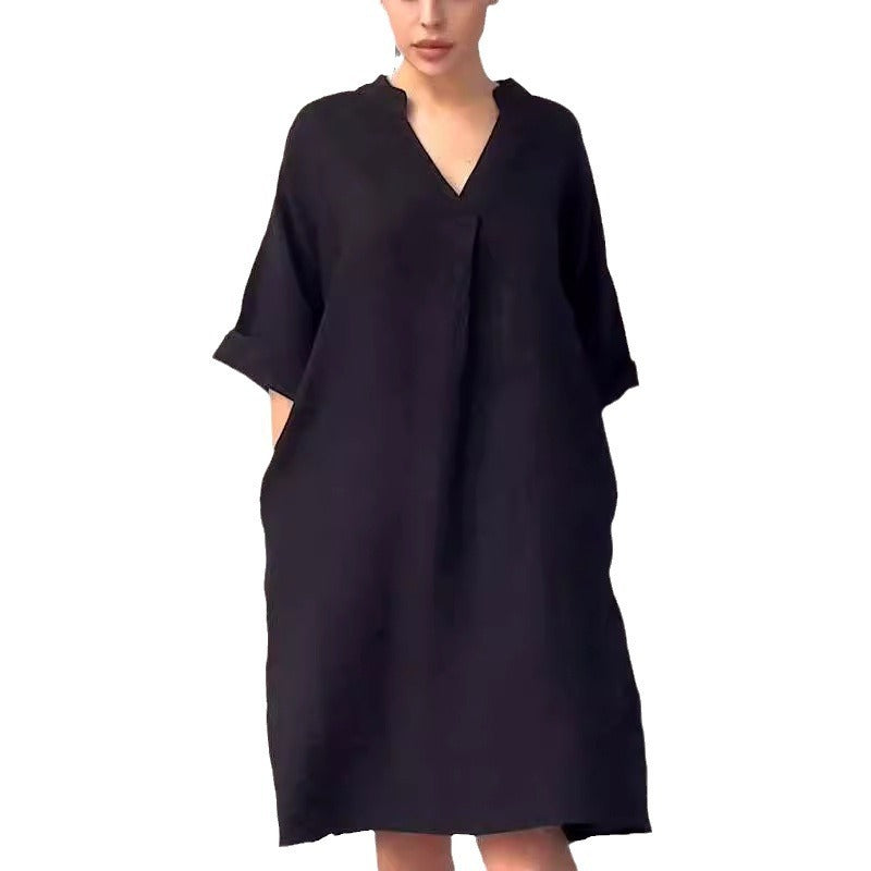 Plus Size Cotton Linen V-neck Dress