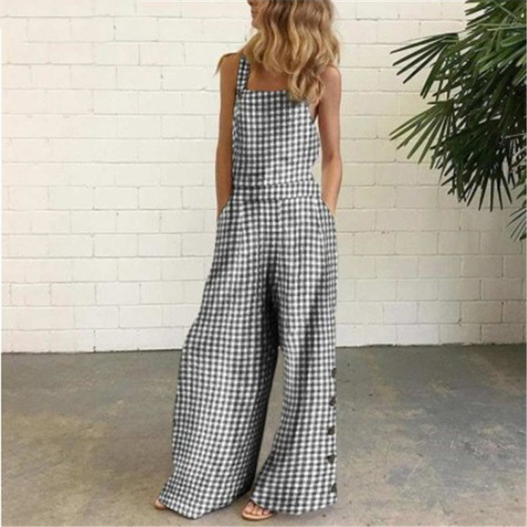 Checked Side Pocket Wide-Leg Jumpsuit