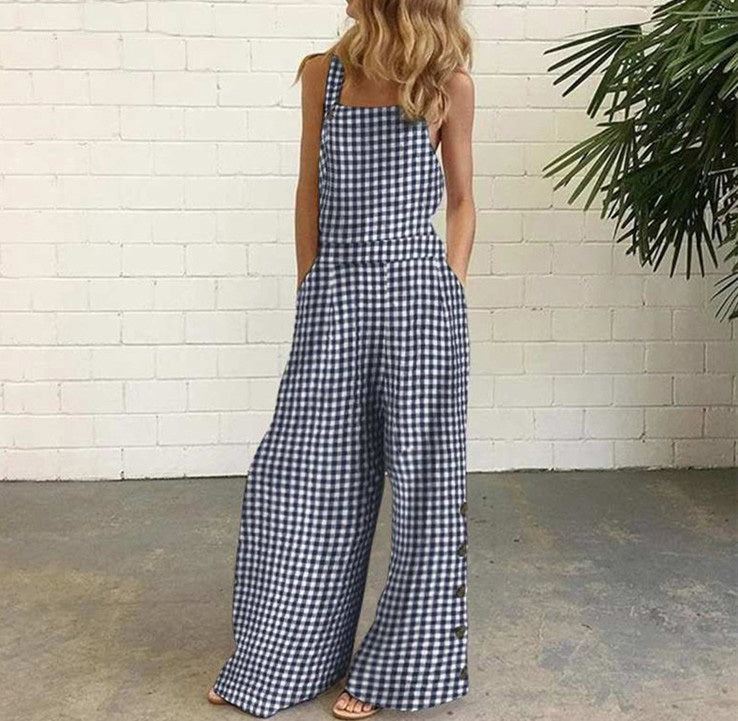 Checked Side Pocket Wide-Leg Jumpsuit