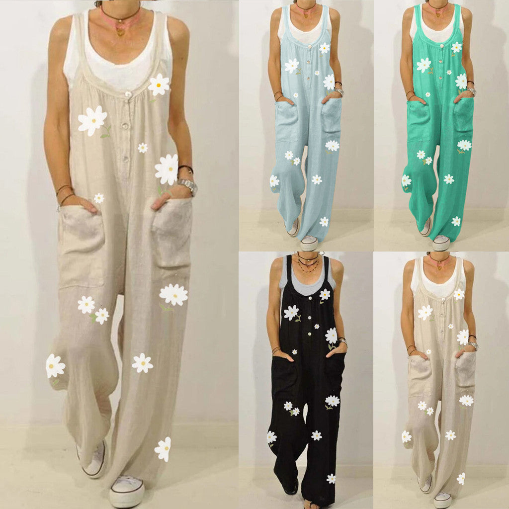 European-American Style Cotton-Linen Printed Jumpsuit