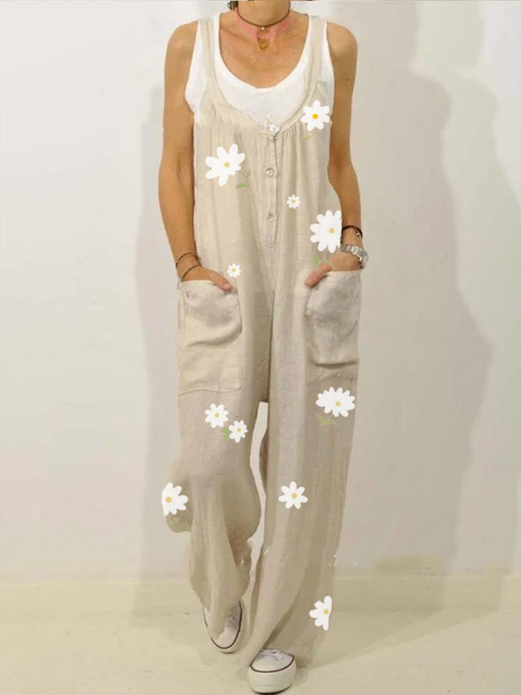 European-American Style Cotton-Linen Printed Jumpsuit