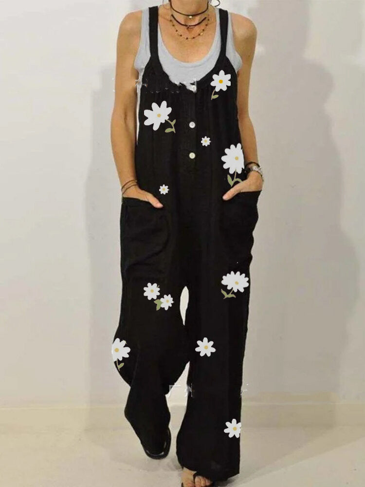 European-American Style Cotton-Linen Printed Jumpsuit