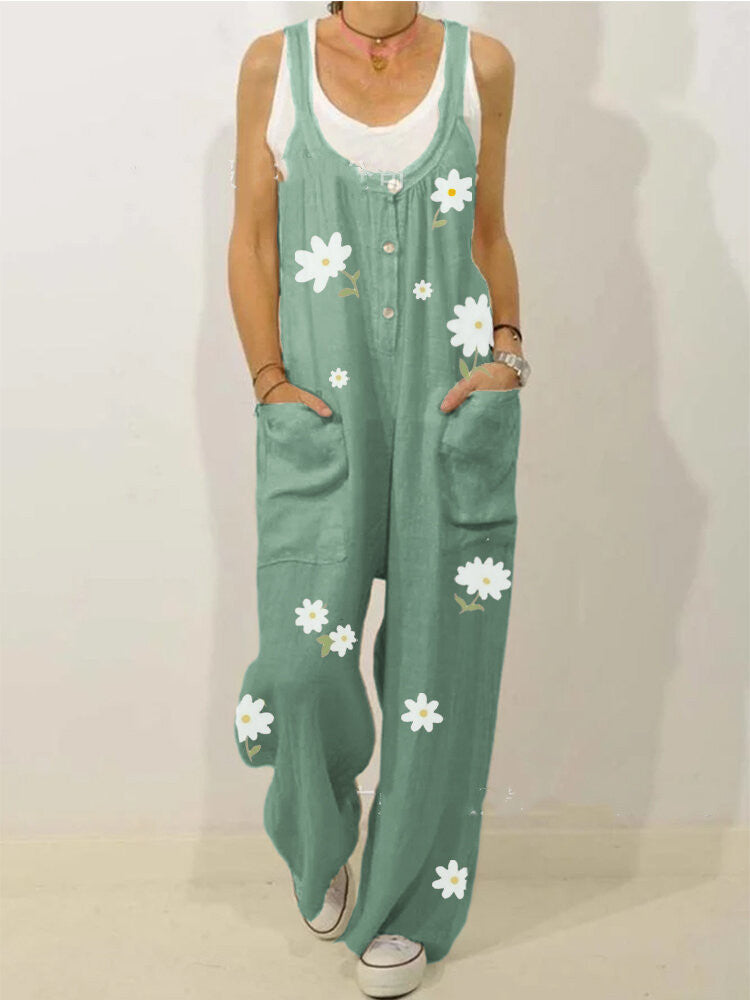 European-American Style Cotton-Linen Printed Jumpsuit