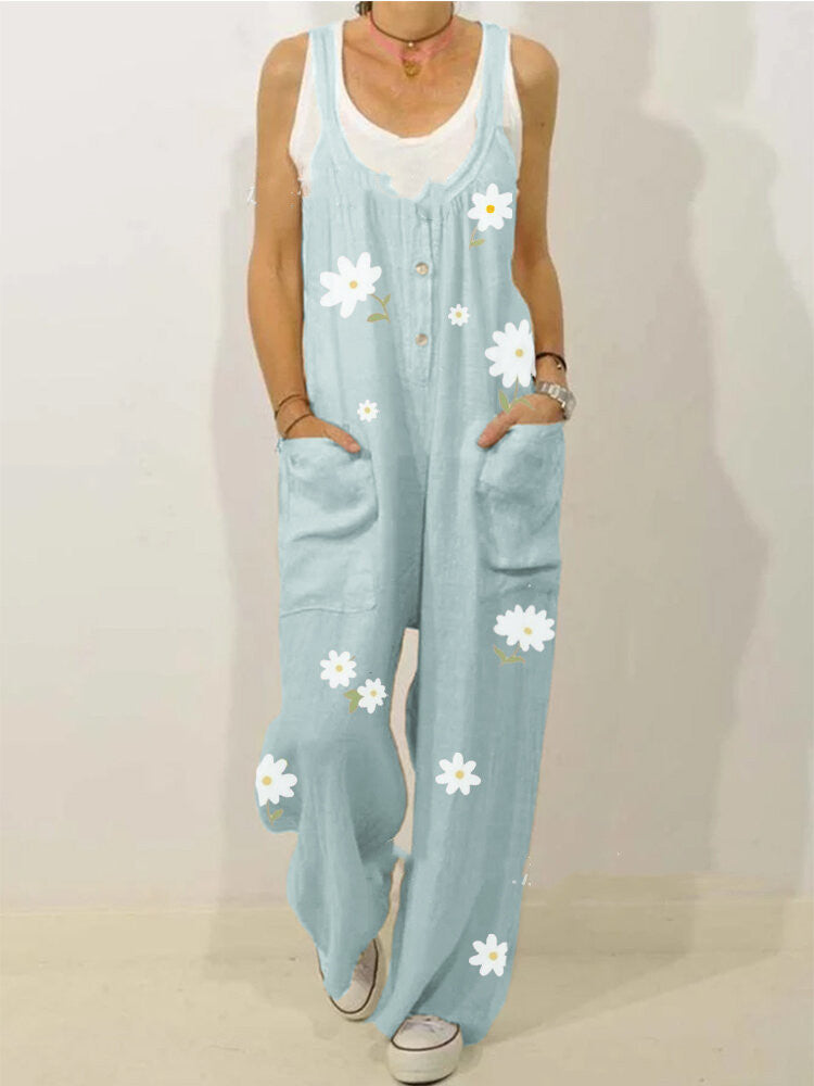 European-American Style Cotton-Linen Printed Jumpsuit