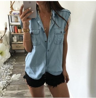 Vintage Buttons & Pockets Sleeveless Denim Blue Shirt