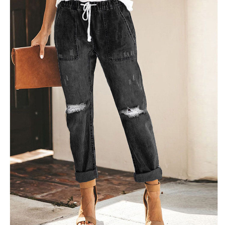 Straight Ripped Drawstring Jeans