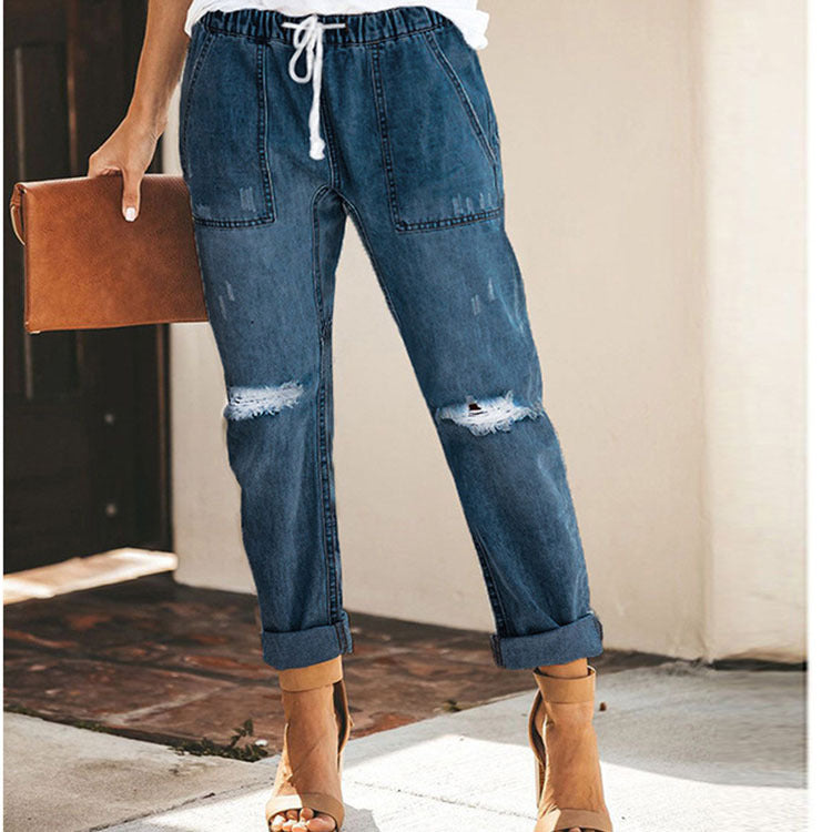 Straight Ripped Drawstring Jeans