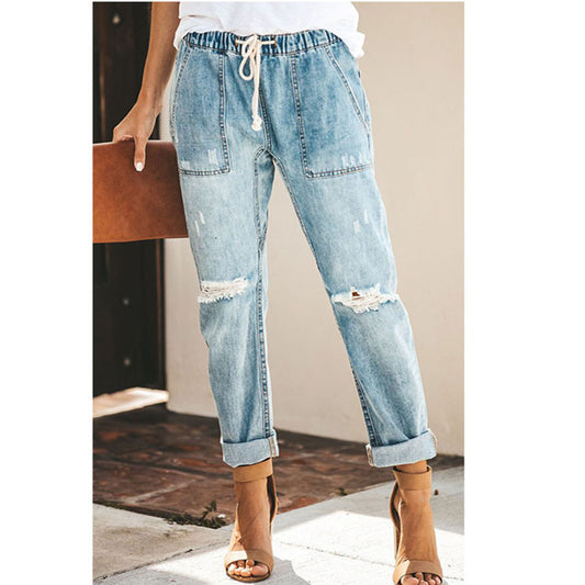 Straight Ripped Drawstring Jeans