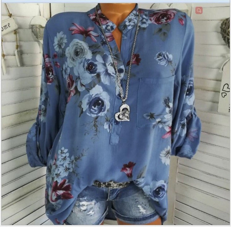 Plus Size Long Sleeve Printed Stand Collar Button Blouse