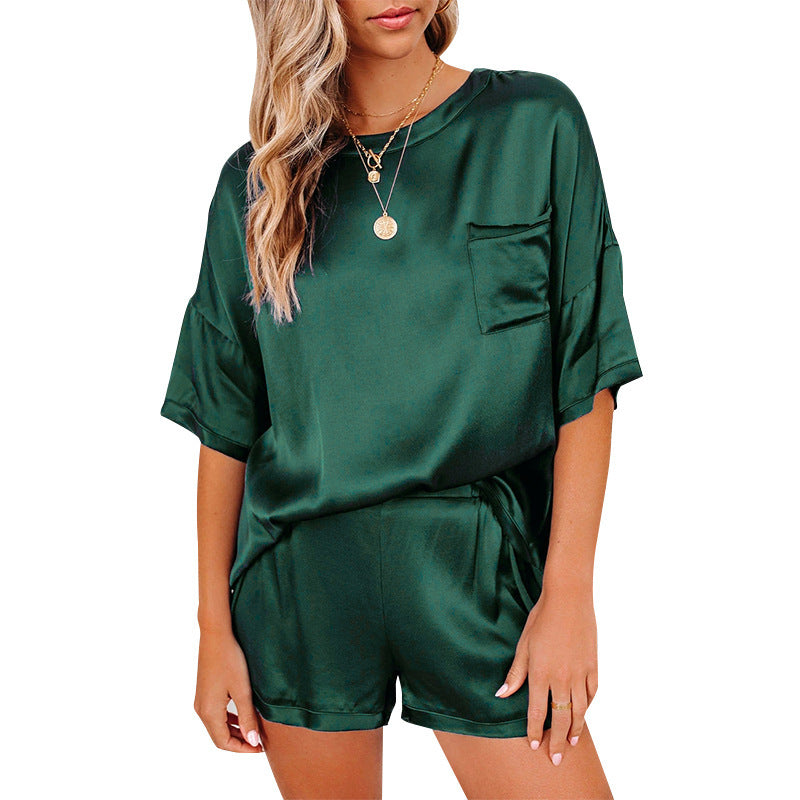 Loose Casual Solid Color Round Neck Short Sleeve Shorts Set