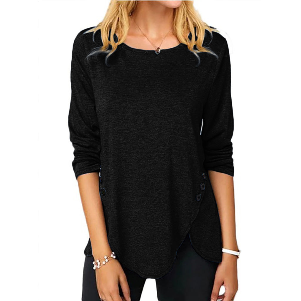 Spring Summer Irregular Button Hem Long Sleeve Round Neck T-Shirt