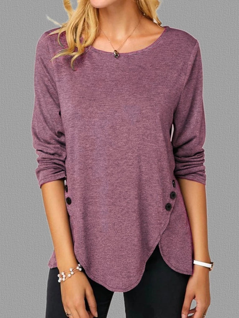 Spring Summer Irregular Button Hem Long Sleeve Round Neck T-Shirt