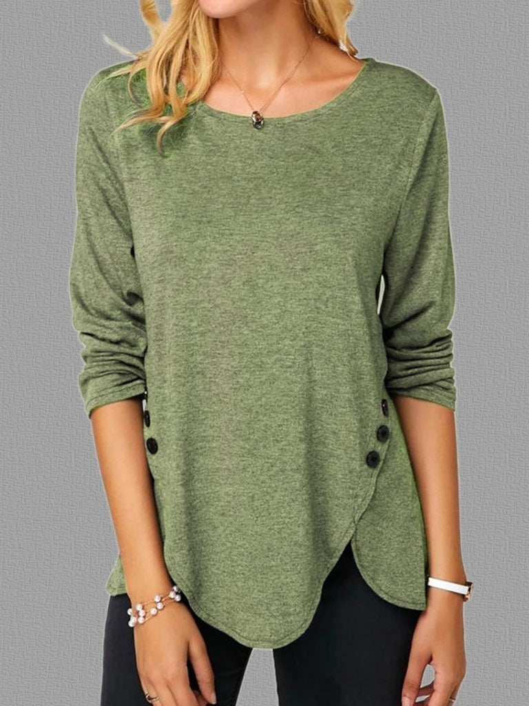 Spring Summer Irregular Button Hem Long Sleeve Round Neck T-Shirt