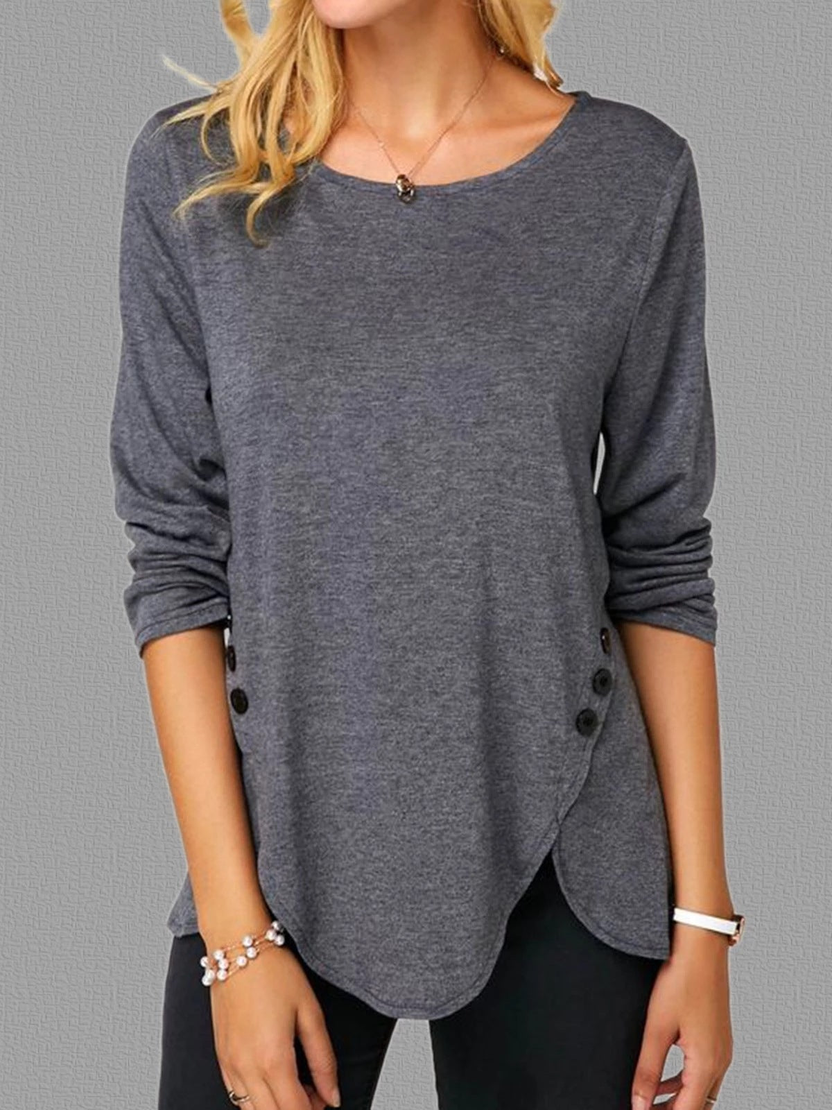 Spring Summer Irregular Button Hem Long Sleeve Round Neck T-Shirt