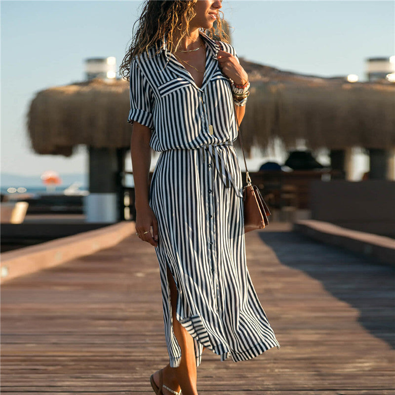 Stripe Chiffon V-neck Maxi Dress