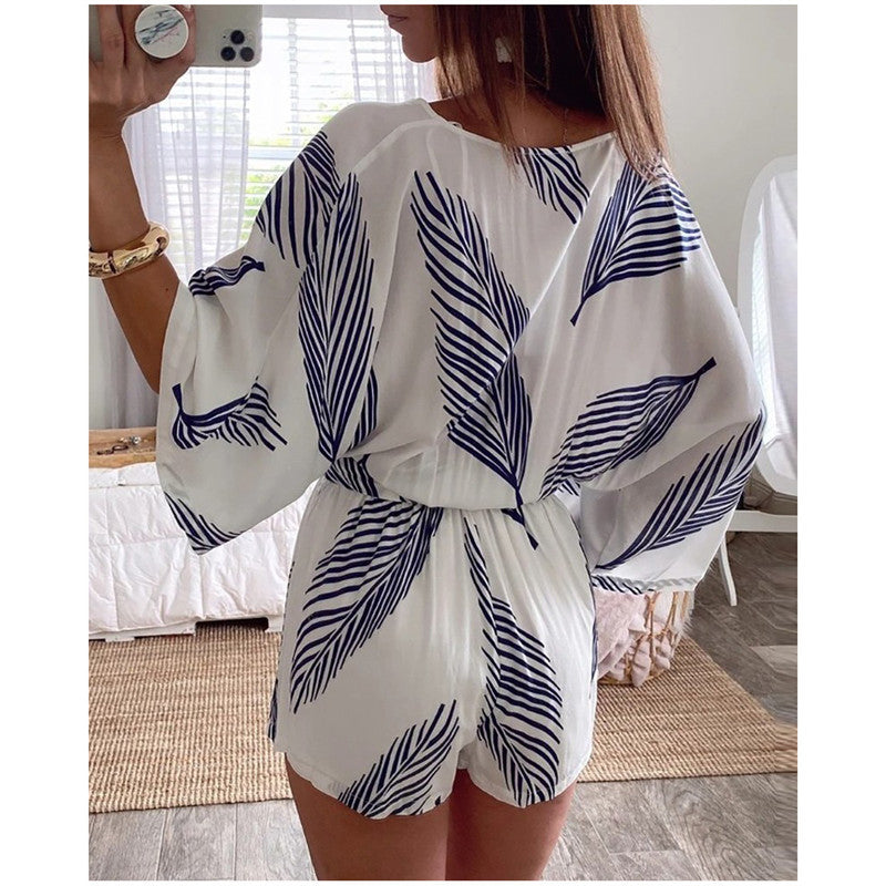 V-neck Casual Leaf Print Shorts Jumpsuit