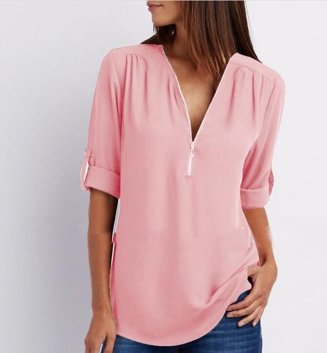 Zip V-neck Short Sleeve Loose Top