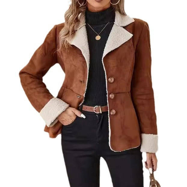 Casual Warm Fur Integrated Lapel Pocket Jacket