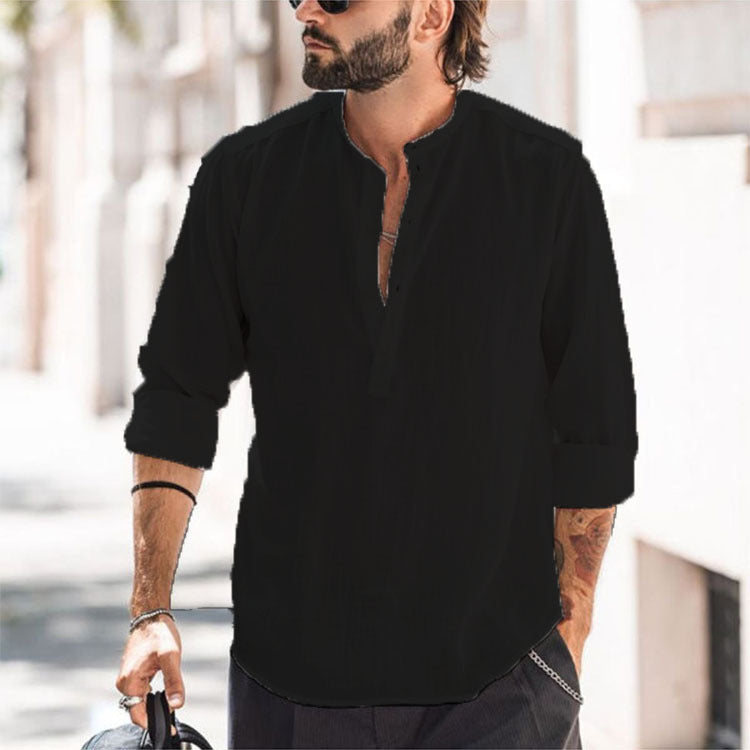 Casual Stand-up Collar Door Barrel Solid Color Long-sleeved Shirt