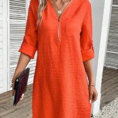 Cotton Linen Zipper V-neck Solid Color Long Sleeve Dress