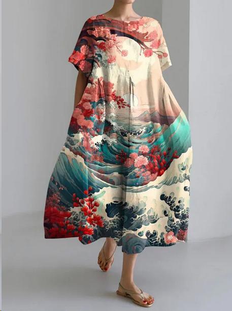 Floral Print Short Sleeve A- Line Dress