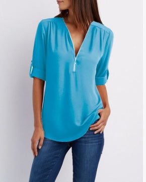 Zip V-neck Short Sleeve Loose Top