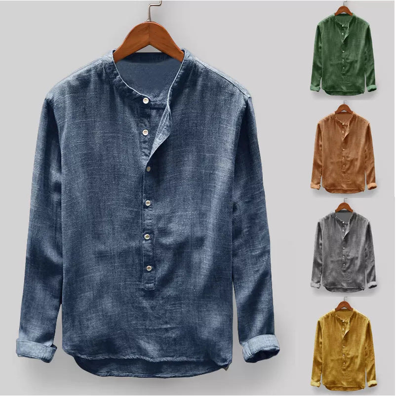 Solid Color Stand Collar Cotton Shirt