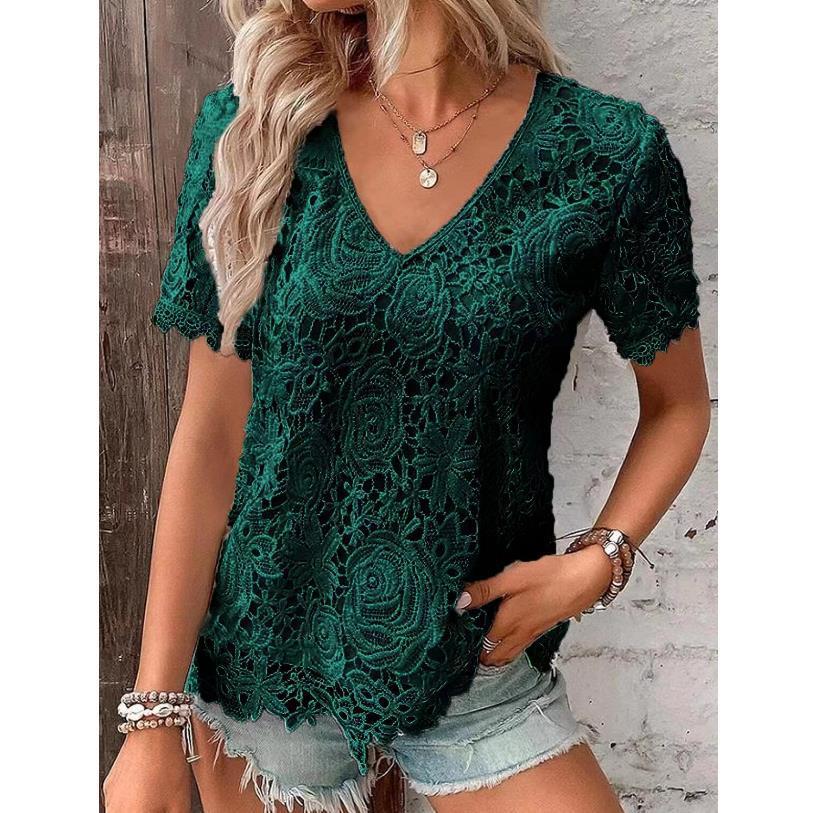 Short Sleeve Lace V-neck Loose T-Shirt