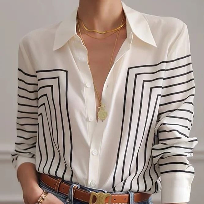 Long Sleeve Loose Striped Silk Top