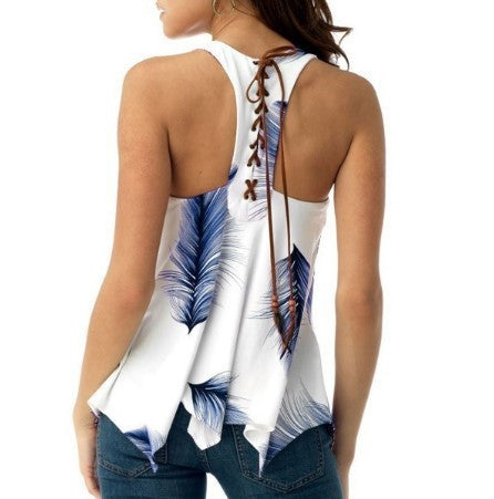 Backless Lace-up Leaf Print Top