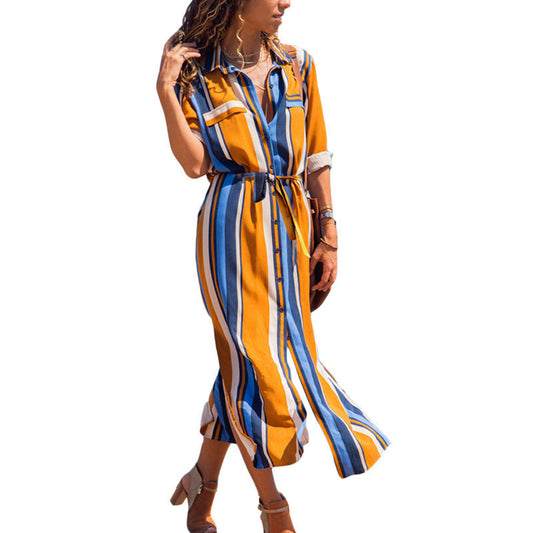 Stripe Chiffon V-neck Maxi Dress