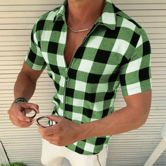 Plaid Zipper Short Sleeve Shirt