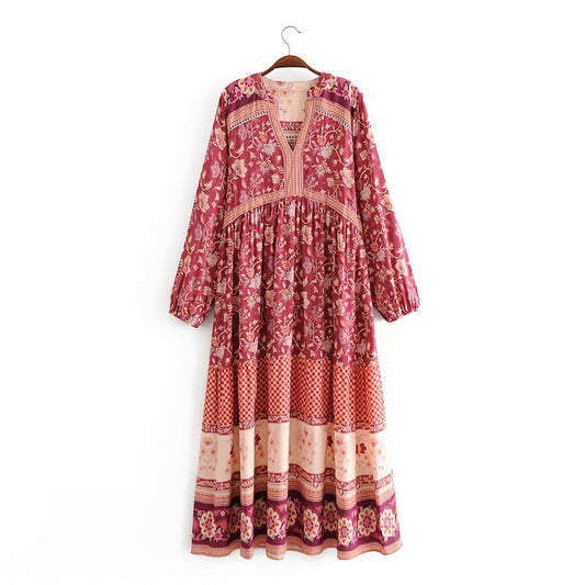 Printed V-neck Long Dress