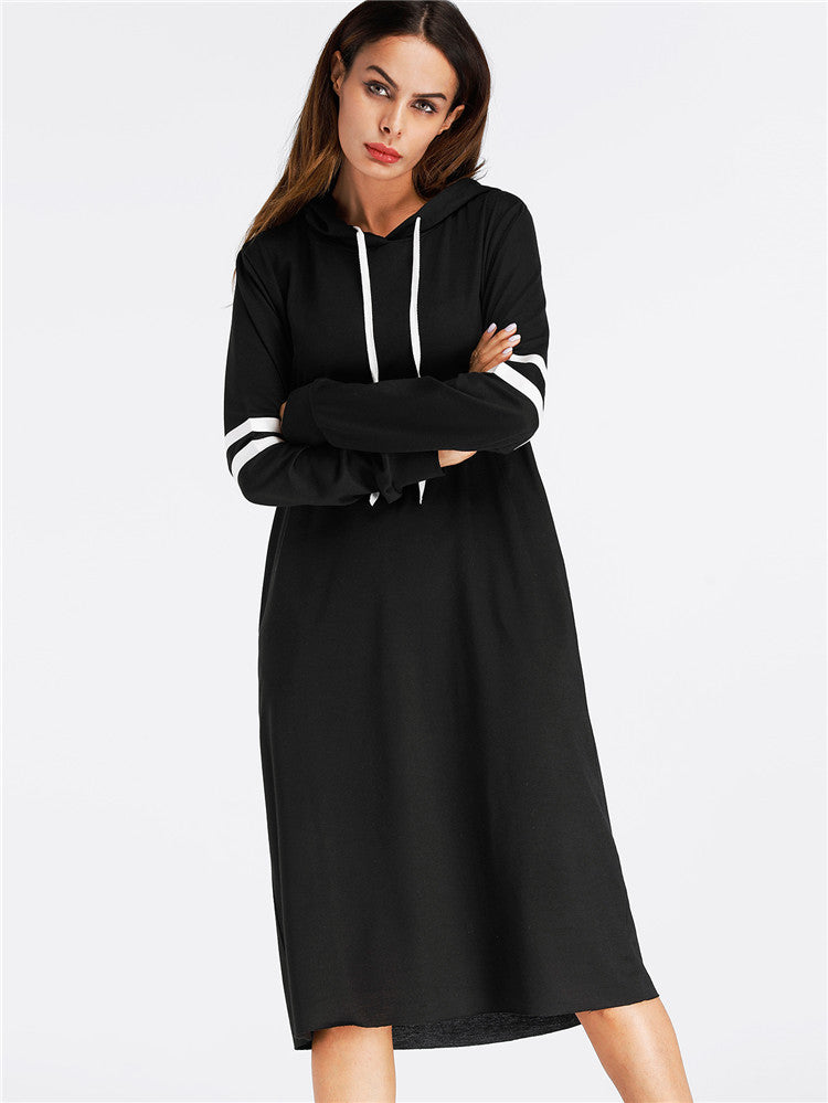 Long Sleeve Striped Hooded Loose Dress