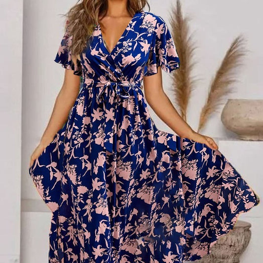 V-neck Short Sleeve Printed Waist-controlled Dress