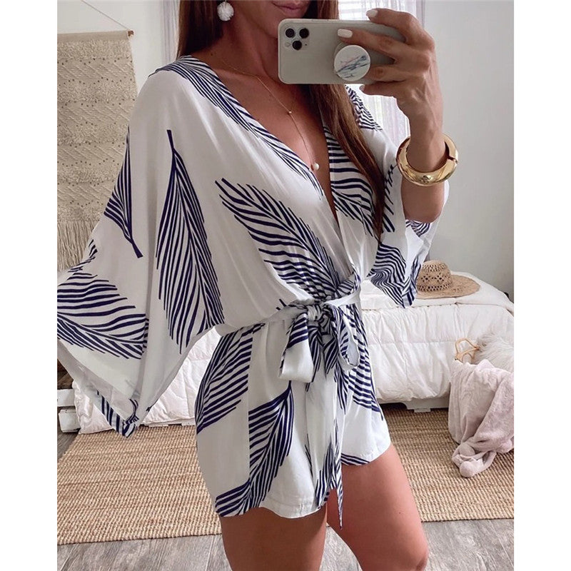 V-neck Casual Leaf Print Shorts Jumpsuit