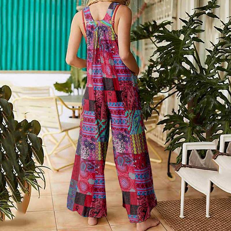 Ethnic Style Suspender Button Print Jumpsuit