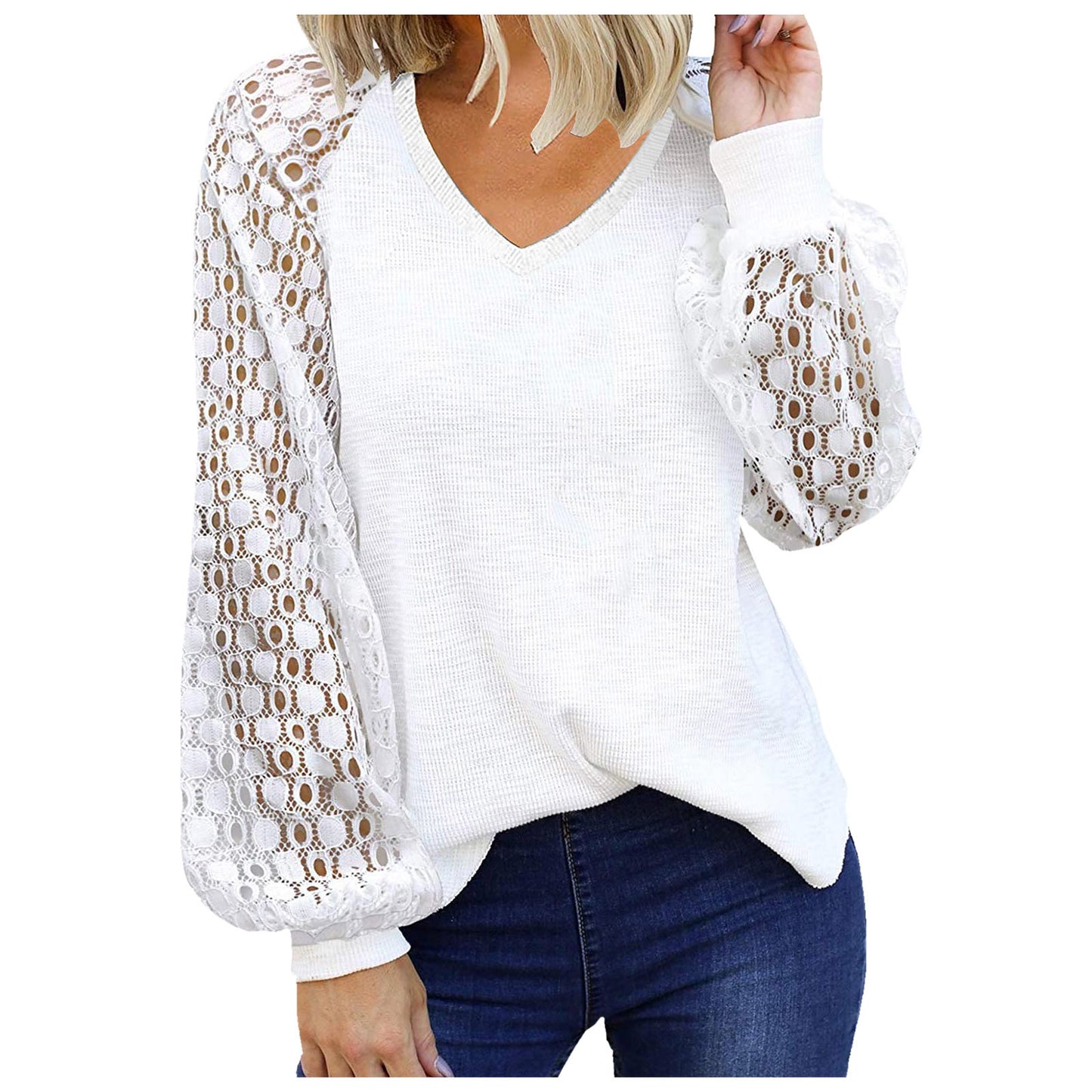 V-neck Long Sleeve Lace Stitching Loose Top