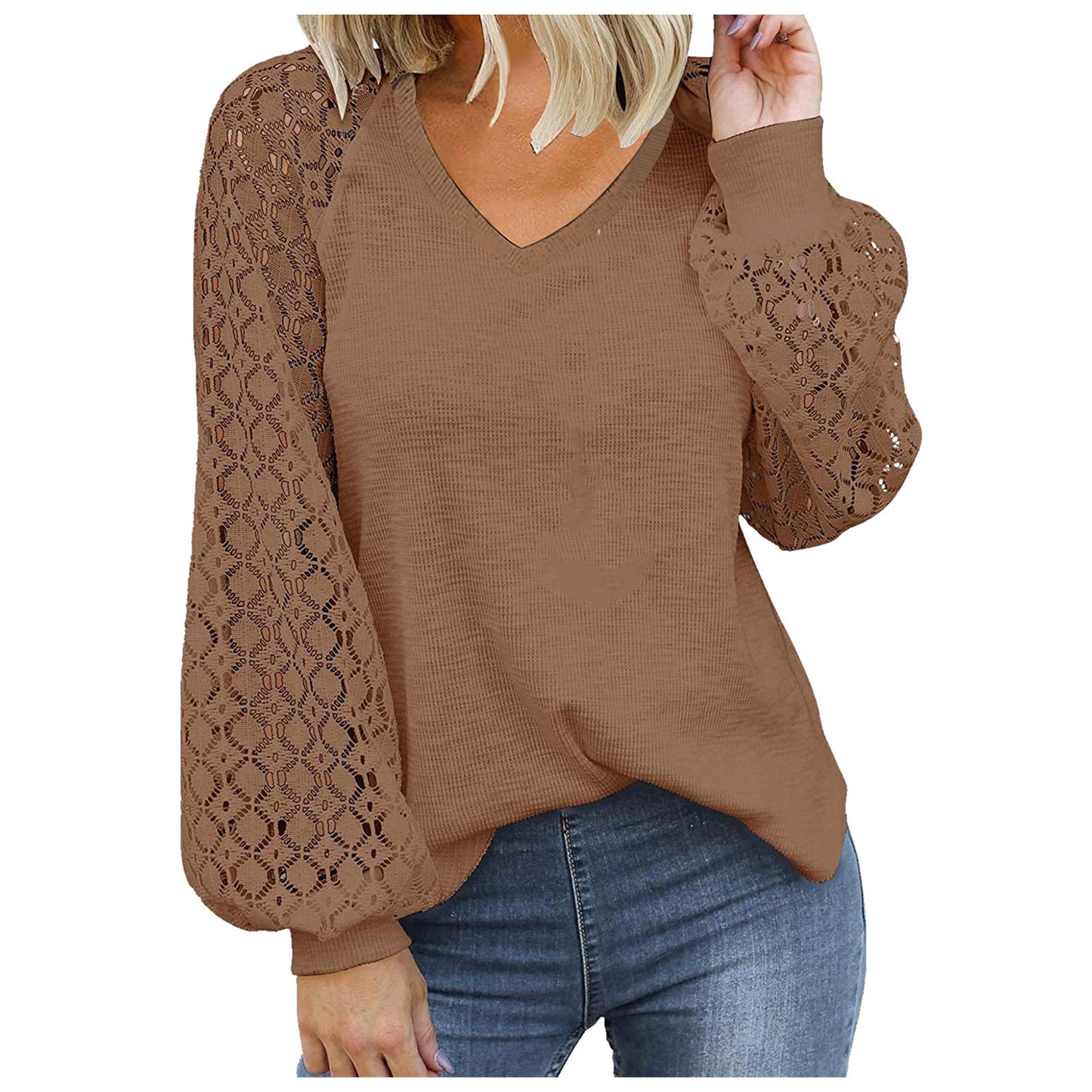 V-neck Long Sleeve Lace Stitching Loose Top