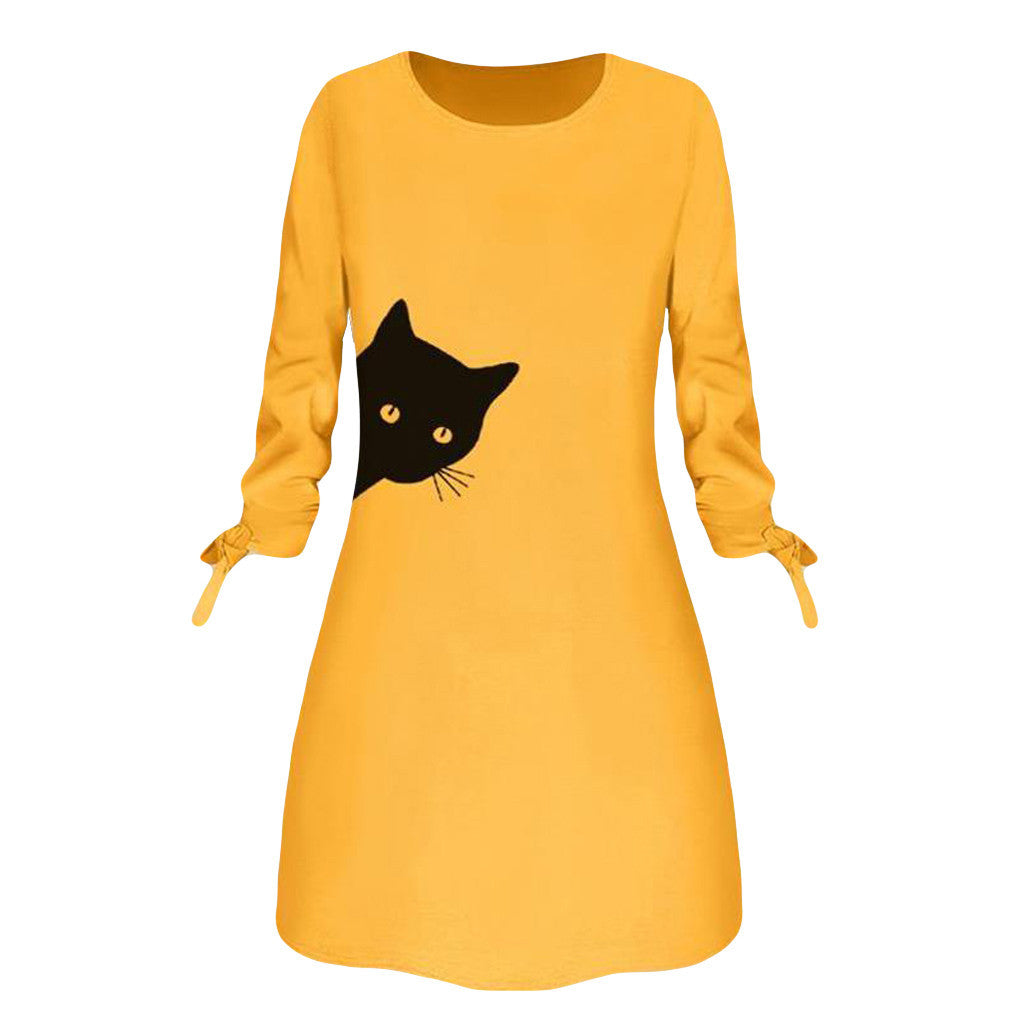 Cat Print Bow O Neck Long Sleeve Party Mini Dress