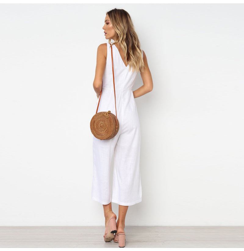 V-neck Button Backless Jumpsuit