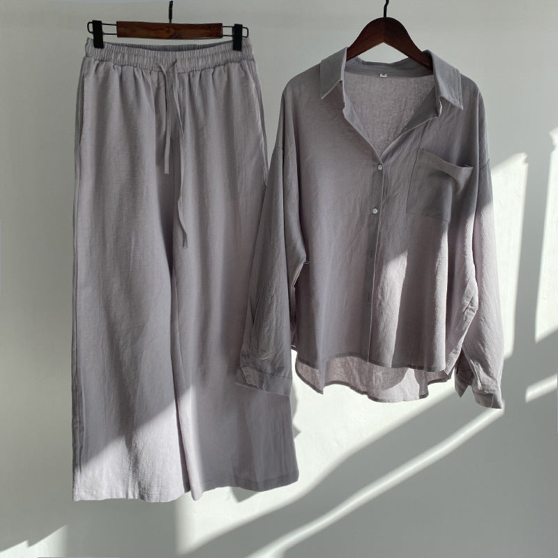 Cotton & Linen Shirt Set with High Waist Loose Trousers