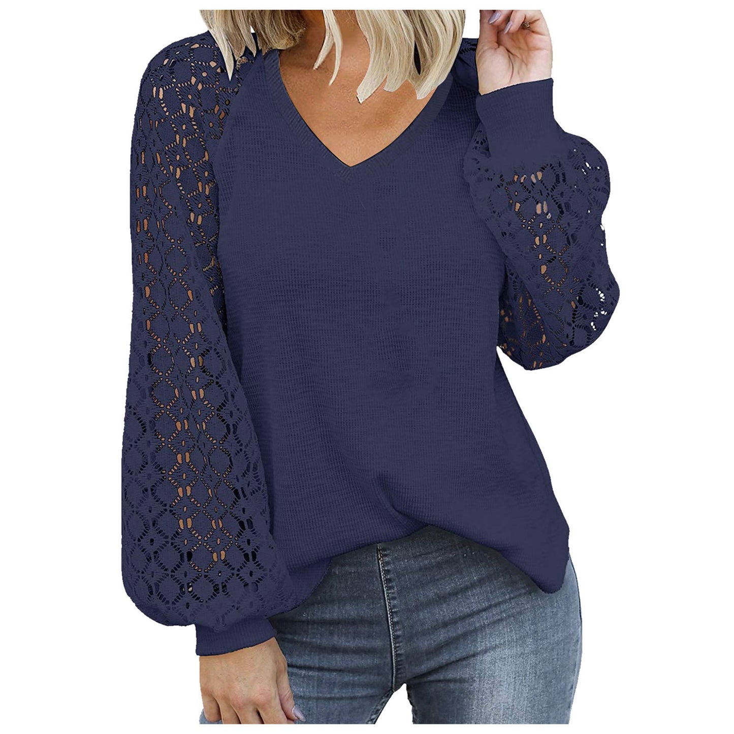 V-neck Long Sleeve Lace Stitching Loose Top