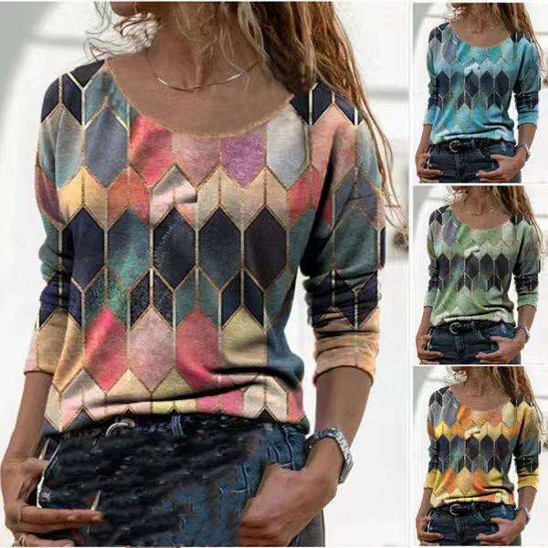 Long Sleeve Retro Geometric Print T-shirt