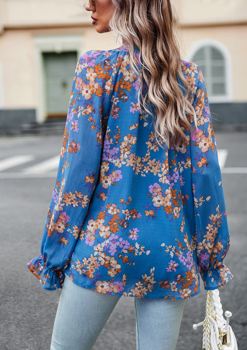 Floral Print V Neck Long Sleeve Chiffon Shirt