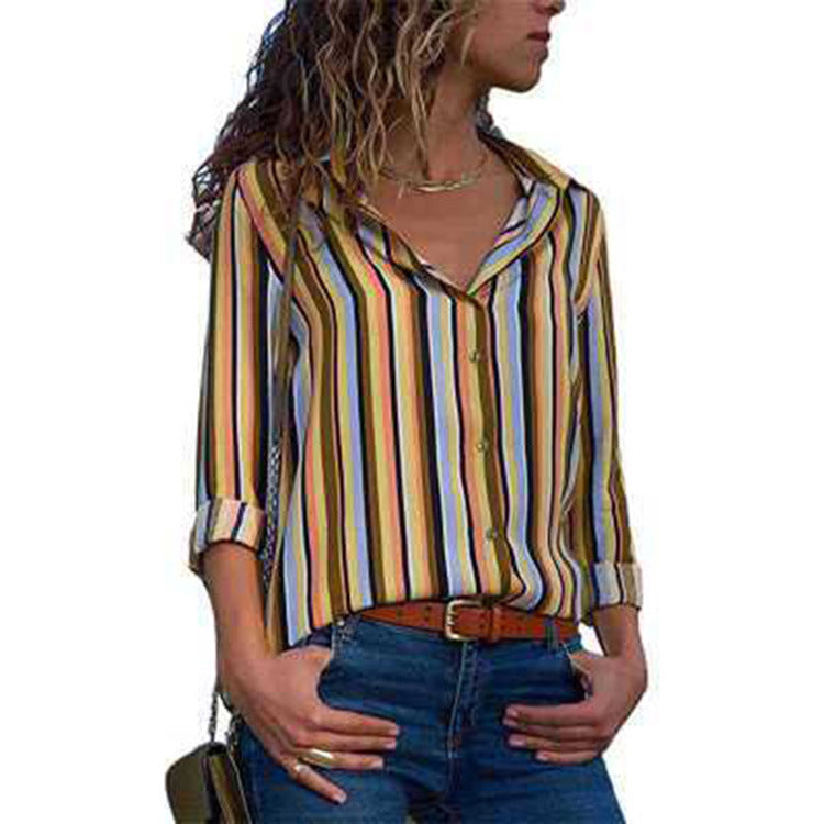 Striped Casual V-Neck Long Sleeve Chiffon Blouse