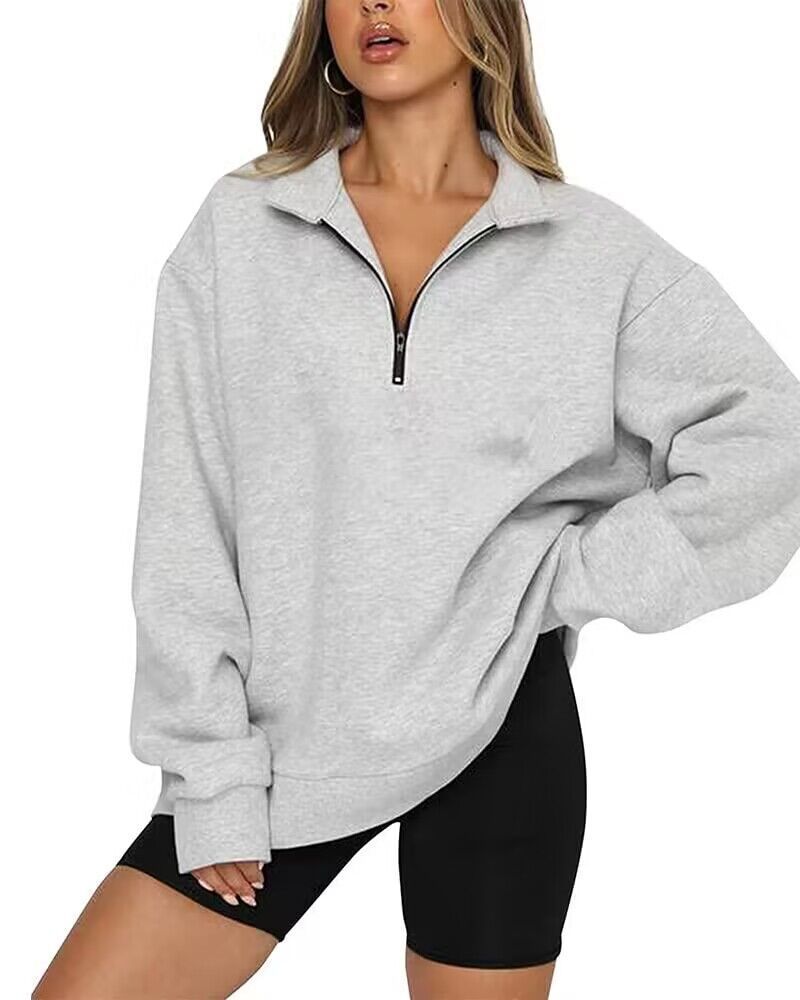 Zip Turndown Collar Loose Casual Hoodie